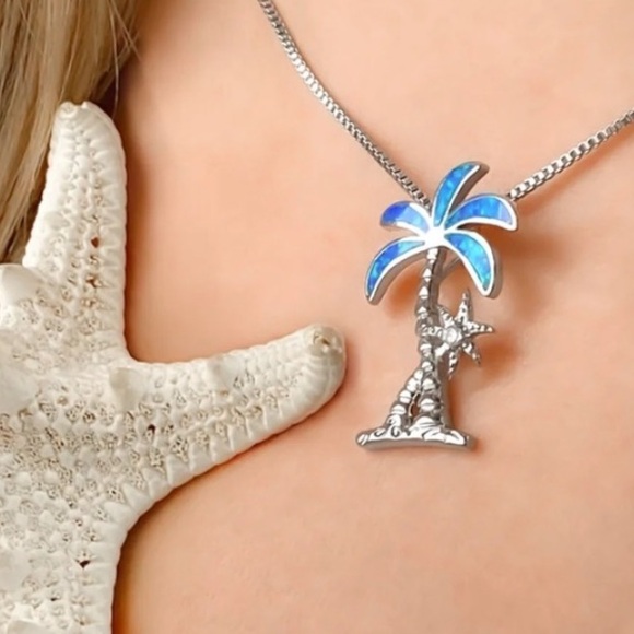 🏝️ 18” OPAL INLAY PALM TREE PENDANT on STAINLESS STEEL BOX CHAIN BEACH NECKLACE - Picture 2 of 4